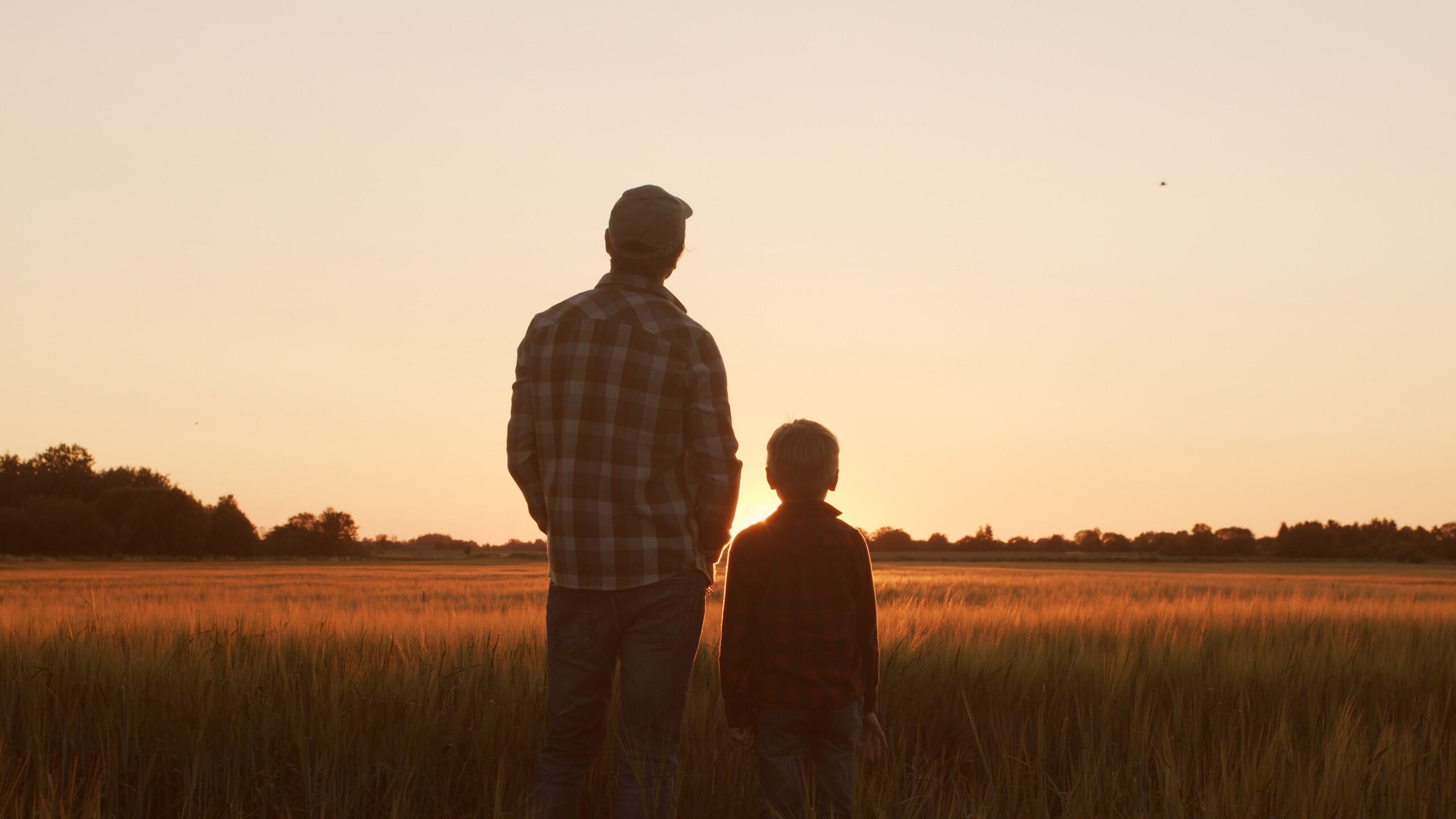 Farmer and his son in front of a sunset agricultural landscape. Man and a boy in a countryside field. Fatherhood, country life, farming and country lifestyle. Farmer and his son in front of a sunset agricultural landscape. Man and a boy in a countryside field. The concept of fatherhood, country life, farming and country lifestyle.